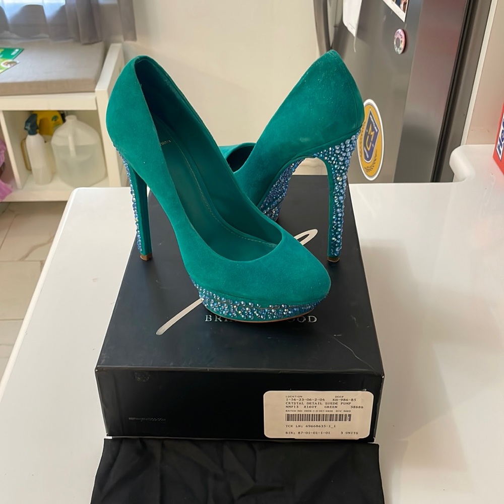 B Brian Atwood Crystal detail Suede Pump